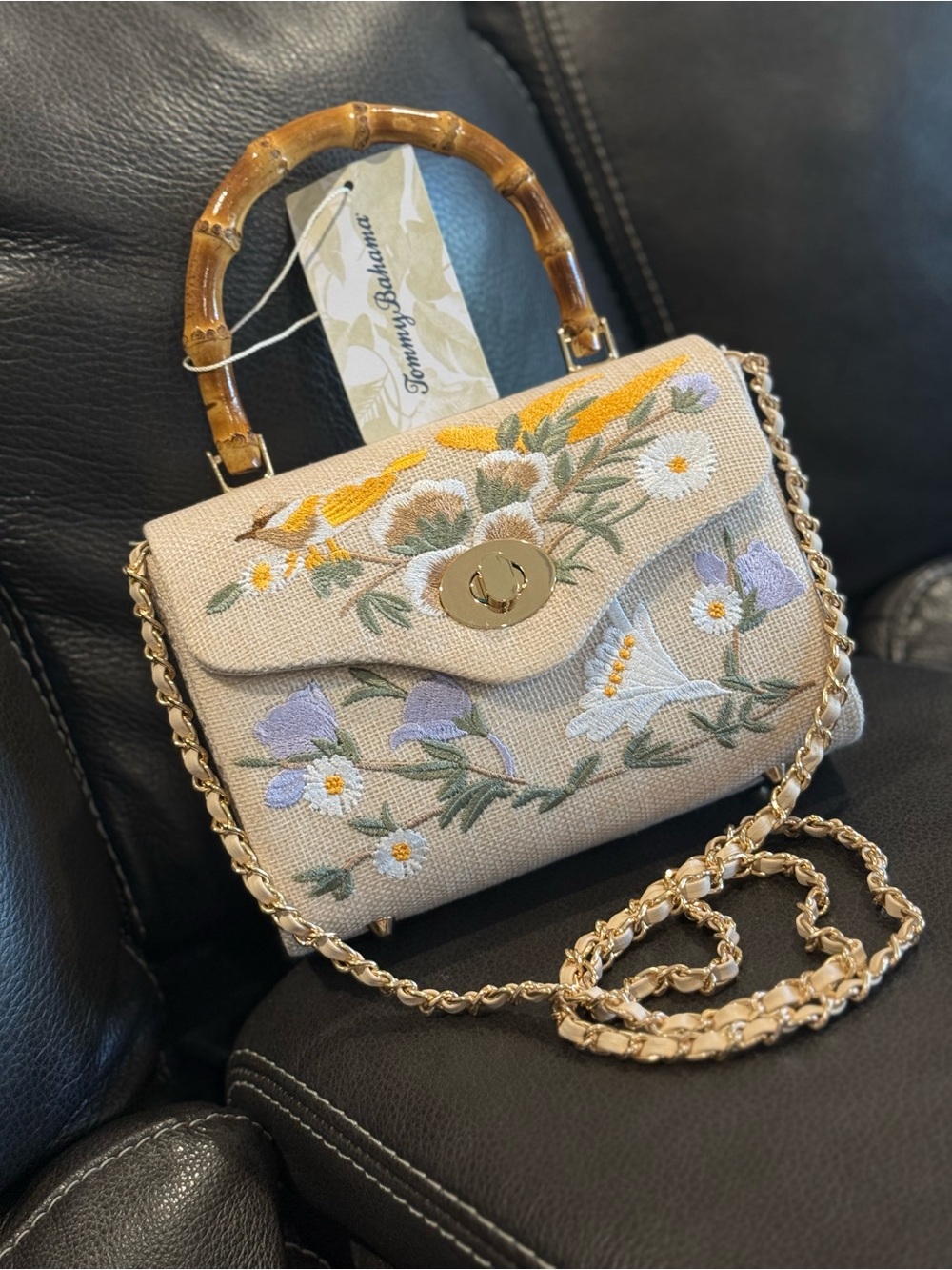 Tommy Bahama Beige Embroidered Floral Top-Handle Satchel with Bamboo Handle NWT
